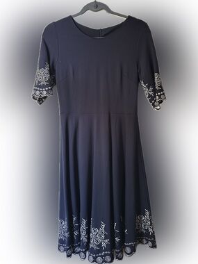 Navy Embroidered Fit & Flare Dress